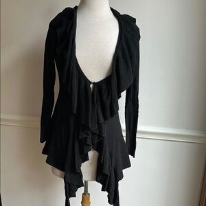White House black market cascading Ruffled long Silk Blend Cardigan Small EUC